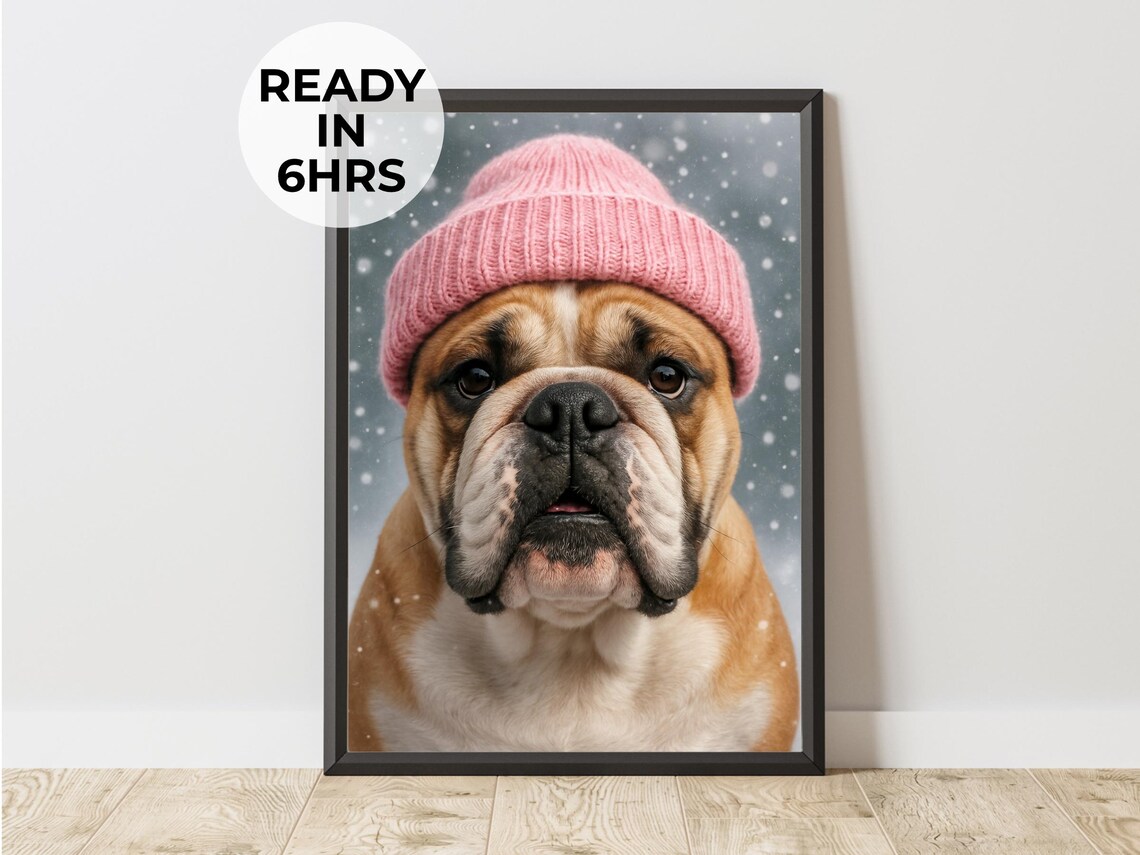 English Bulldog Pink Knit Beanie Hat Poster Winter Snow Dog Portrait