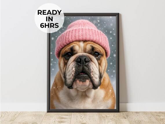 English Bulldog Pink Knit Beanie Hat Poster Winter Snow Dog Portrait