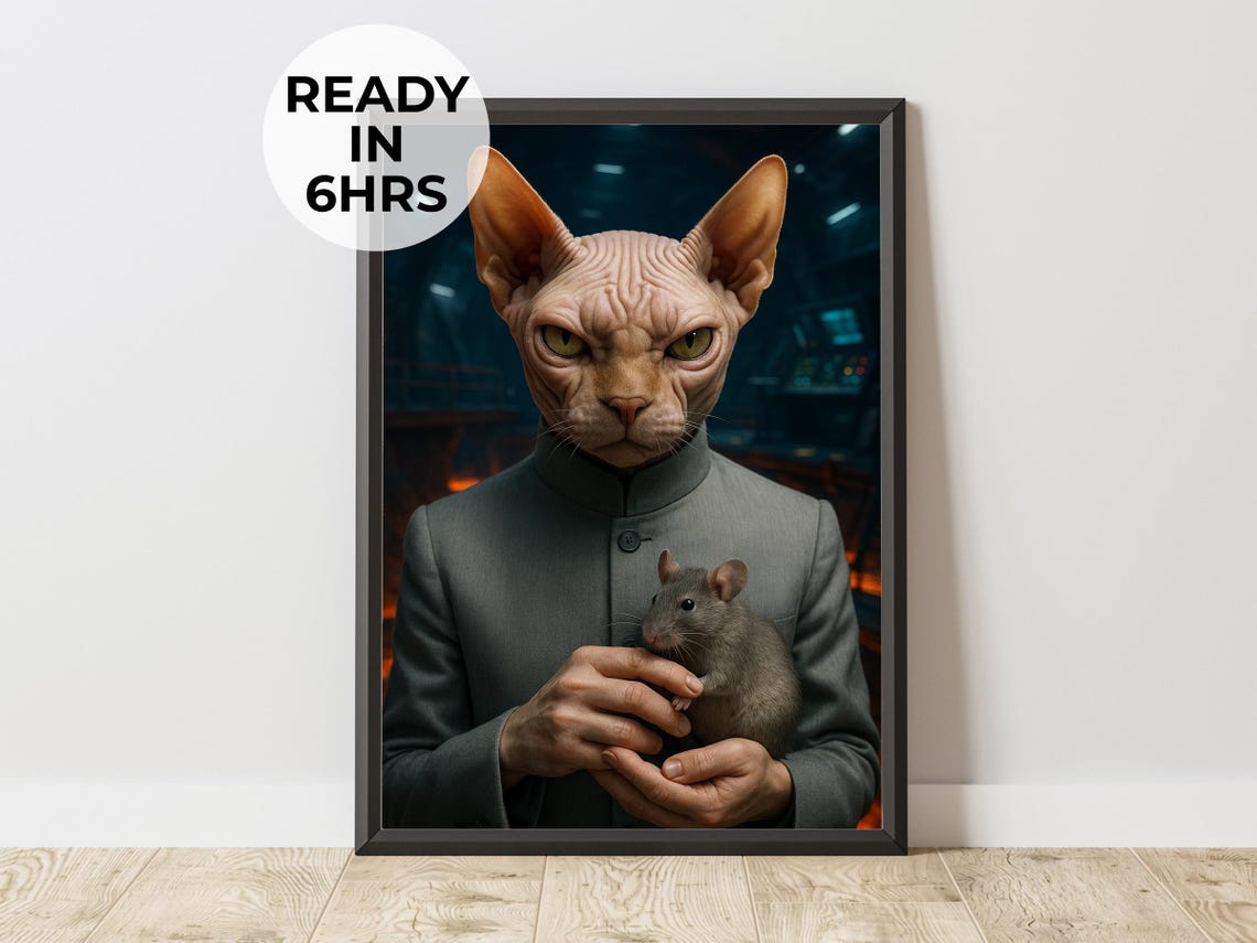 Custom Villain Mastermind Pet Portrait Funny Sphynx Cat Poster