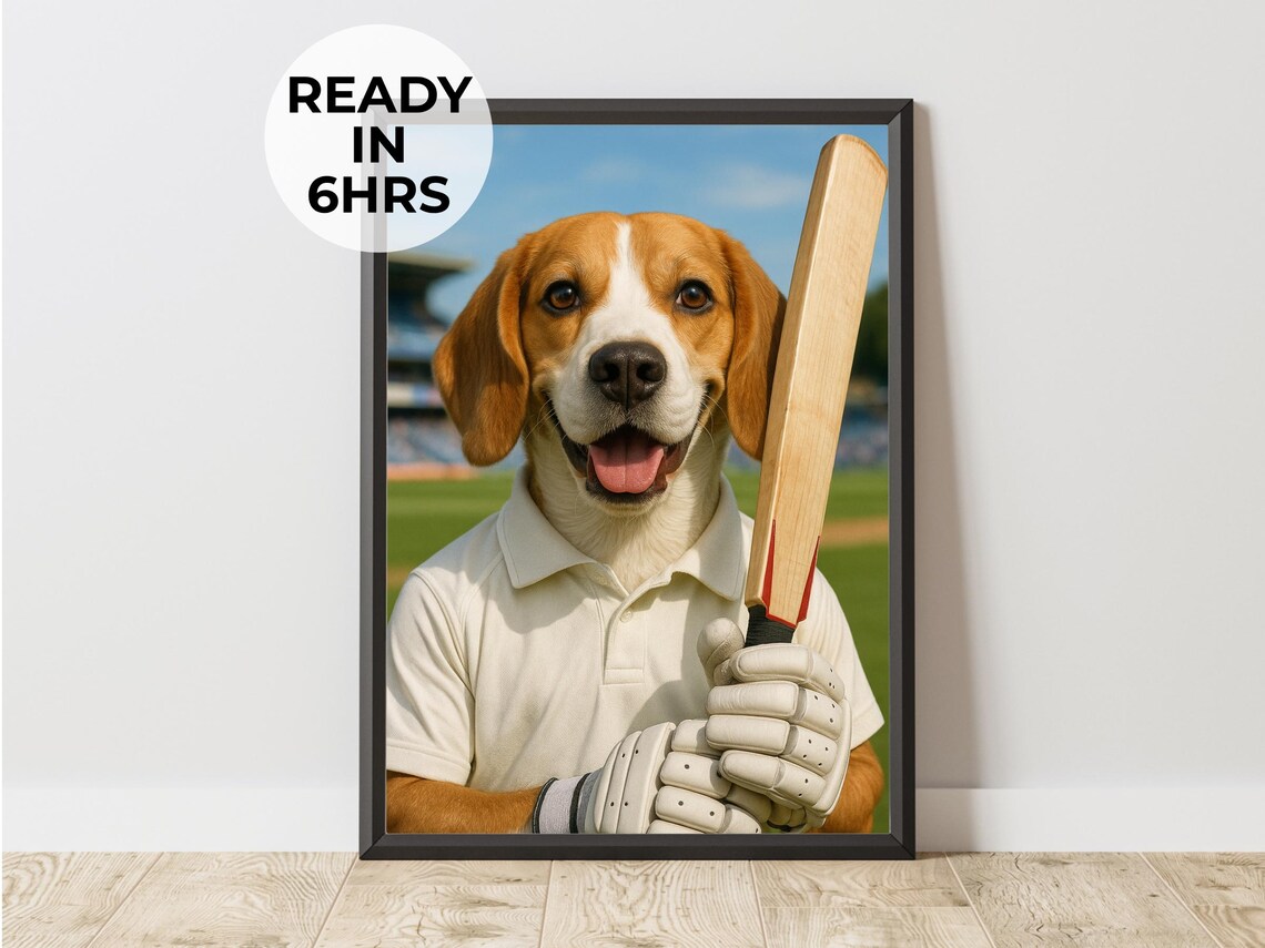 Custom Cricket Pet Portrait Beagle Sports Athlete Personalized Dog Poster