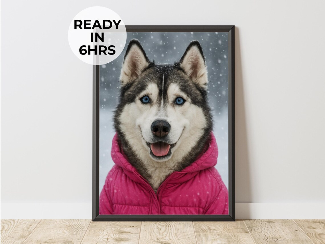Siberian Husky in Pink Puffer Jacket Snow Custom Dog Portrait Poster