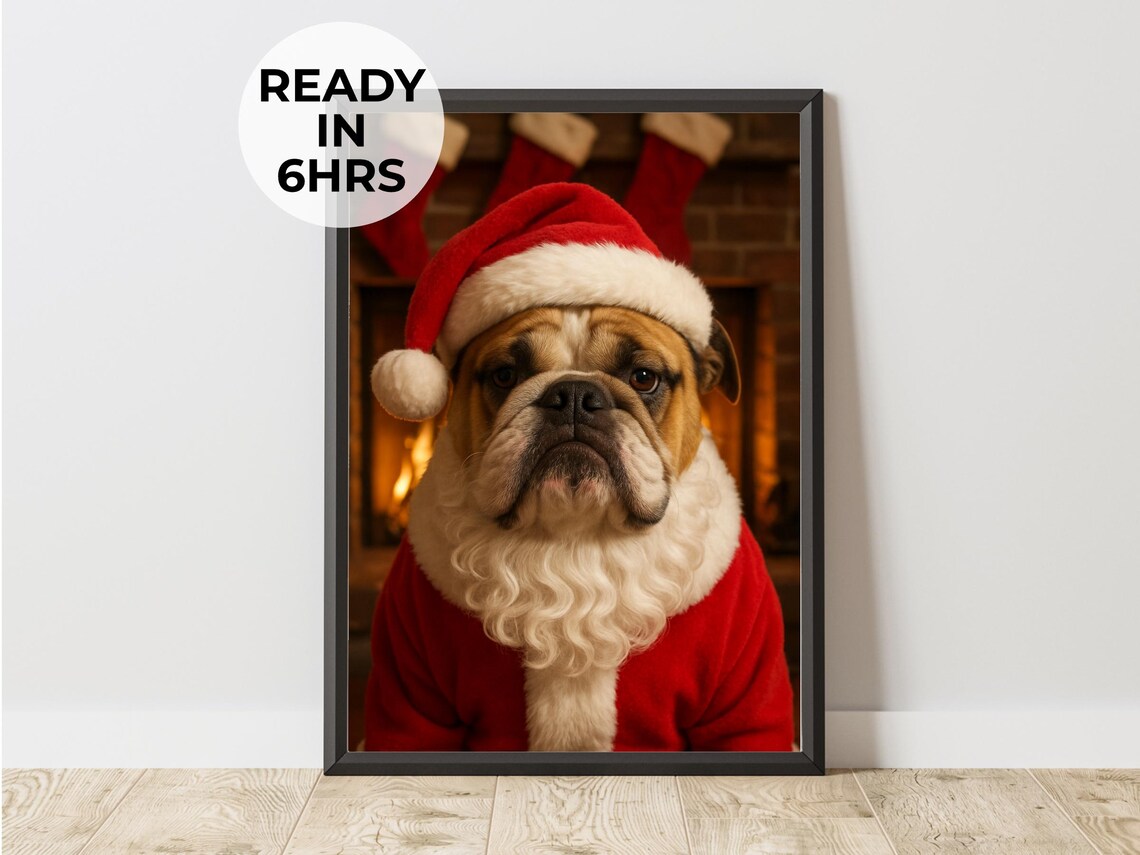 English Bulldog Santa Portrait Poster Funny Christmas Fireplace Scene Art