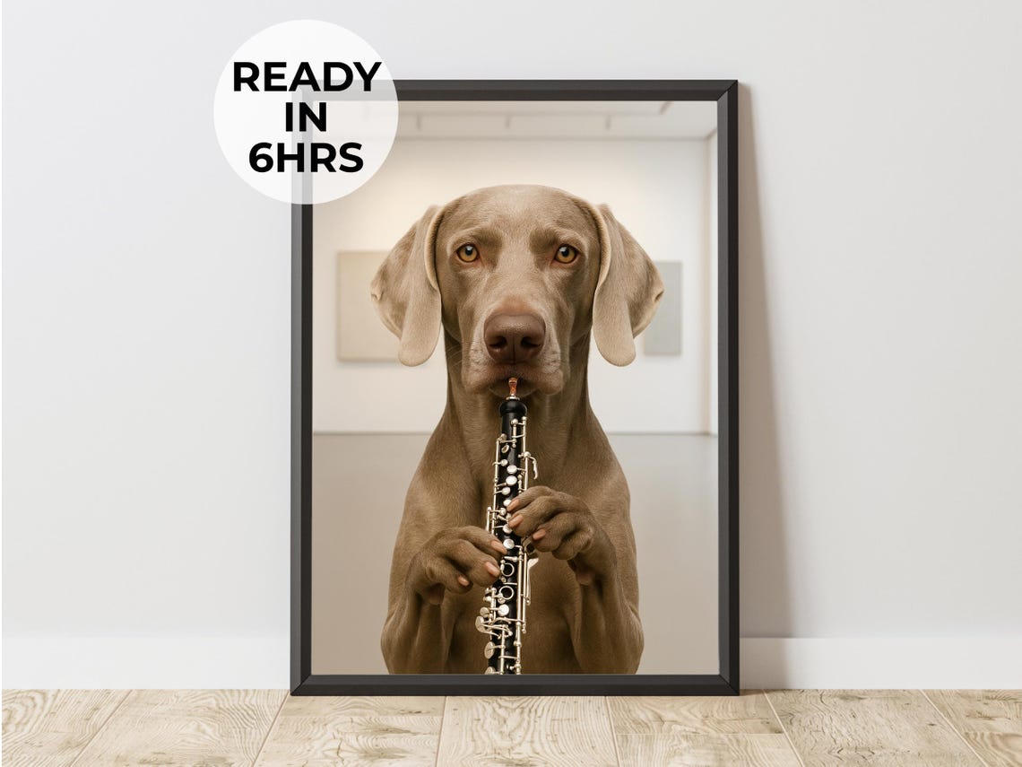 Weimaraner Playing Oboe Funny Orchestra Dog Music Art Poster