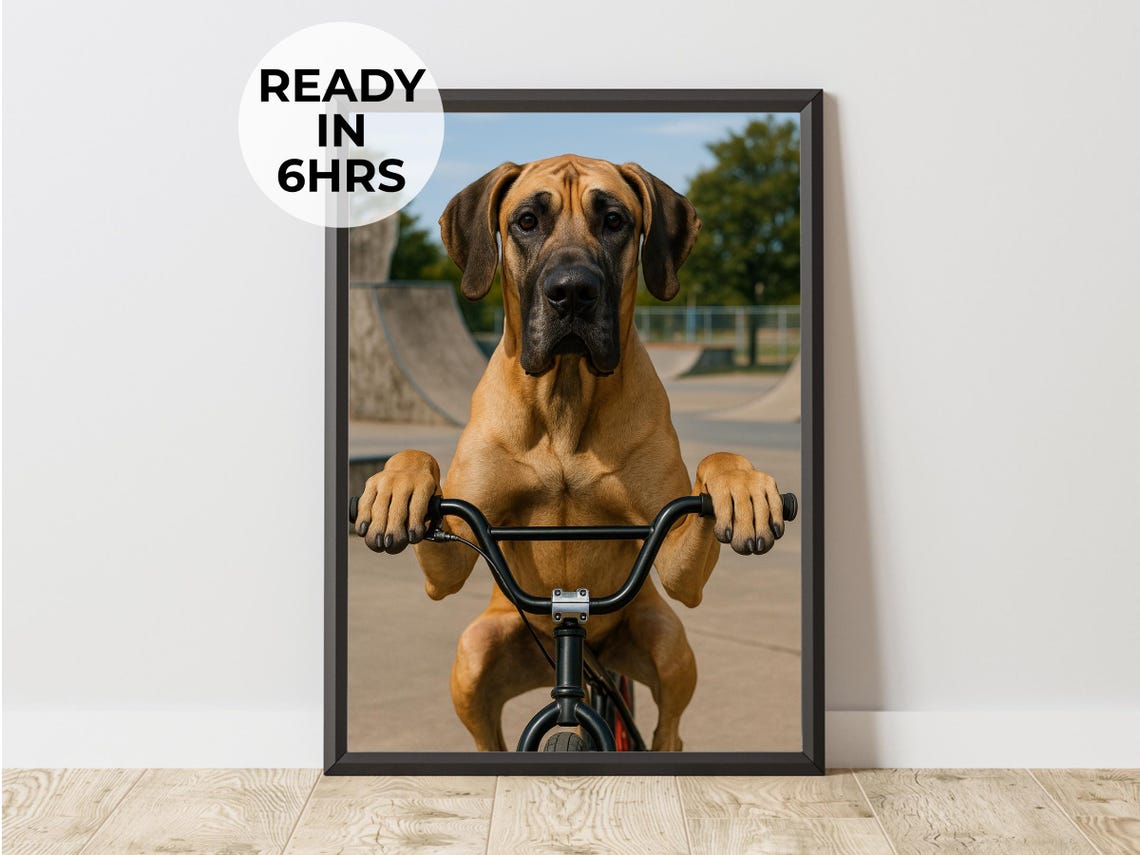 Great Dane BMX Rider Funny Pet Portrait Dog on Bike Skatepark Poster