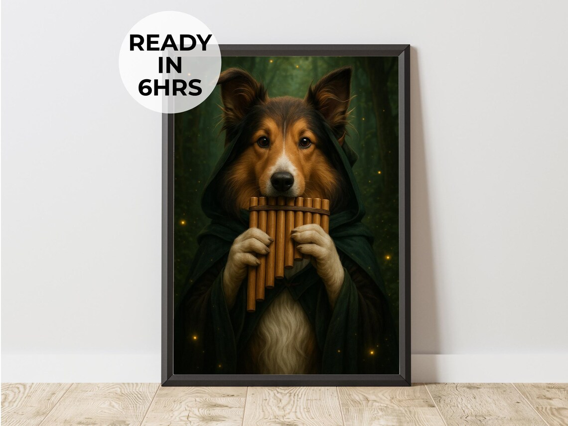 Forest Dog Playing Pan Flute Mystical Woodland Pet Art Poster