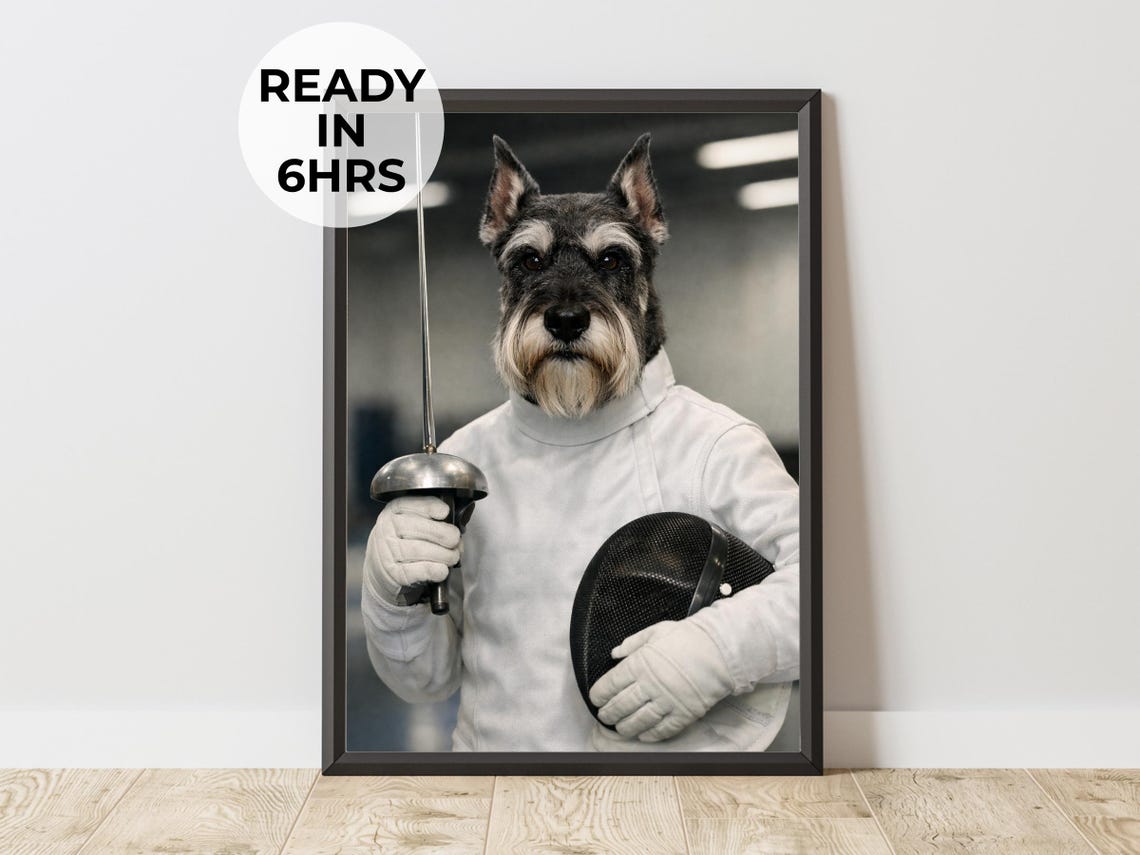 Custom Schnauzer Fencer Portrait Elegant Sword Dog Art Poster
