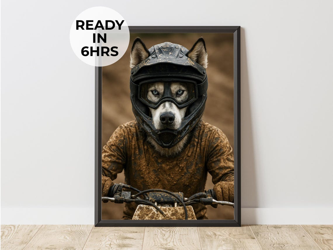 Husky Dirt Bike Motocross Rider Muddy Helmet Funny Pet Portrait Poster
