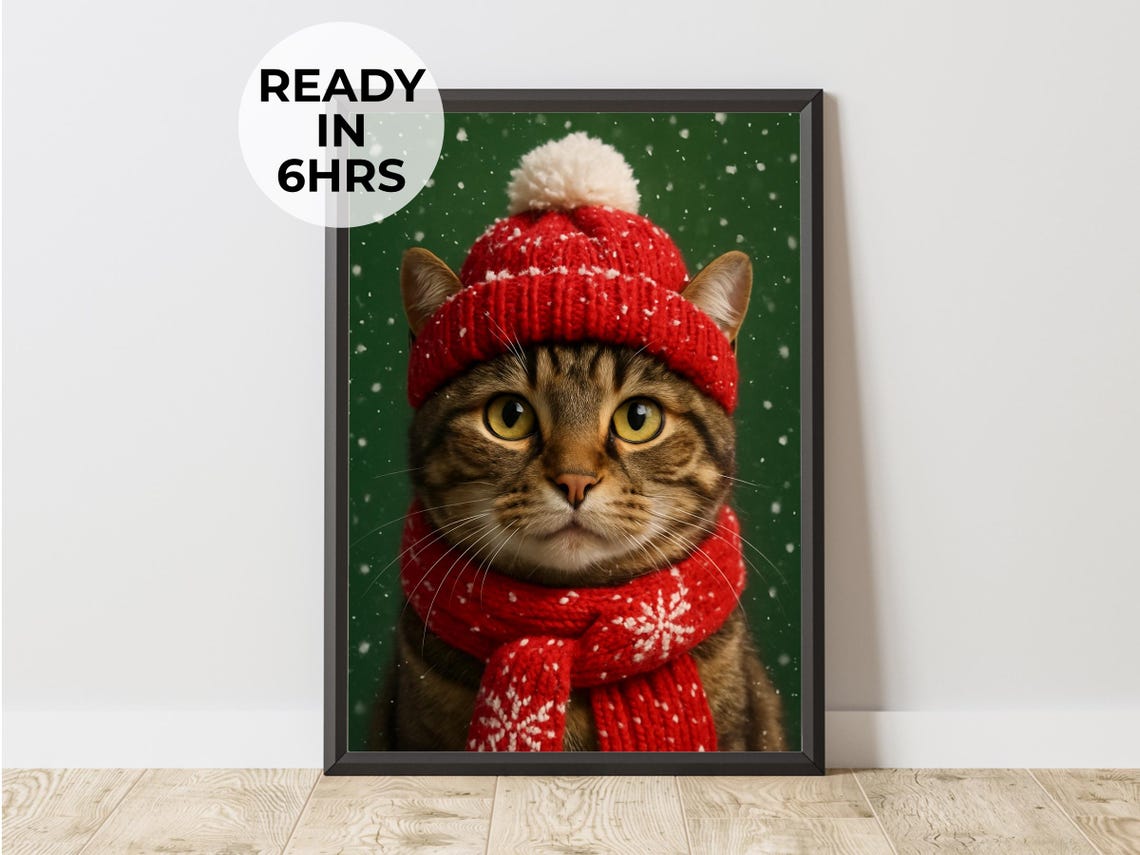 Custom Winter Cat Pet Portrait Tabby Kitten Red Hat Scarf Poster