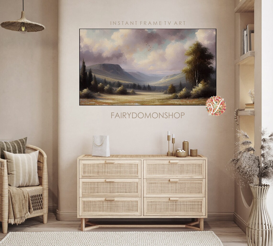 Mountain Valley Meadow Trees Pastoral Landscape Oil Painting Poster - Image 3