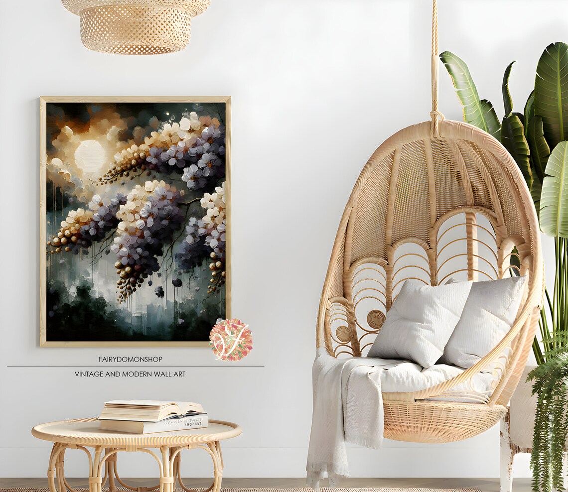 Golden Moon Lilac Blossom Misty Night Floral Oil Painting Poster - Image 2