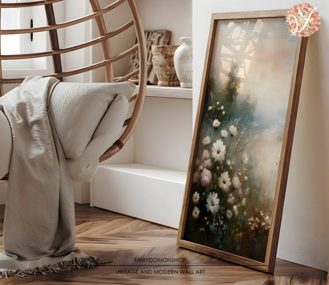 White Wildflowers Misty Meadow Soft Floral Oil Painting Poster - Image 3