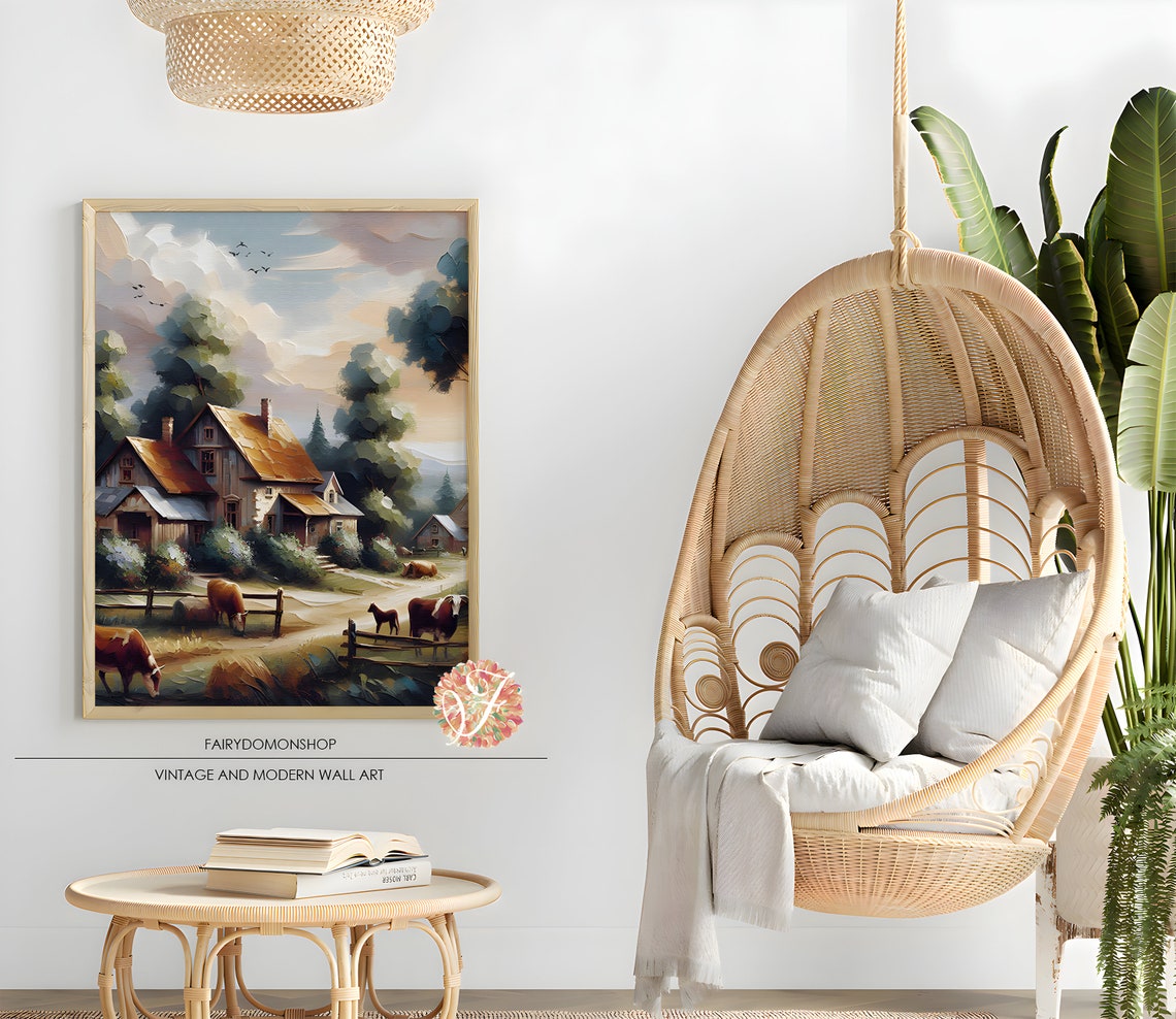 Vintage Farmhouse Cattle Pasture Rustic Barn Oil Painting Poster - Image 2