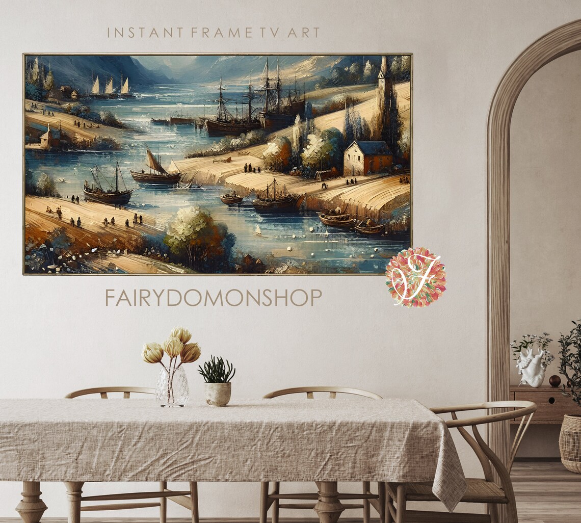 Old Harbor Tall Ships Historic Village Nautical Oil Painting Poster - Image 2