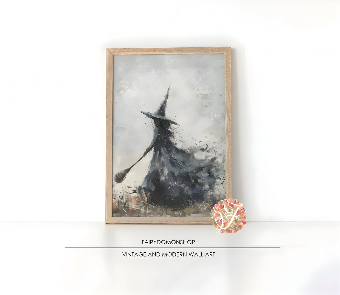 Witch Silhouette Misty Watercolor Poster Moody Halloween Minimal Decor