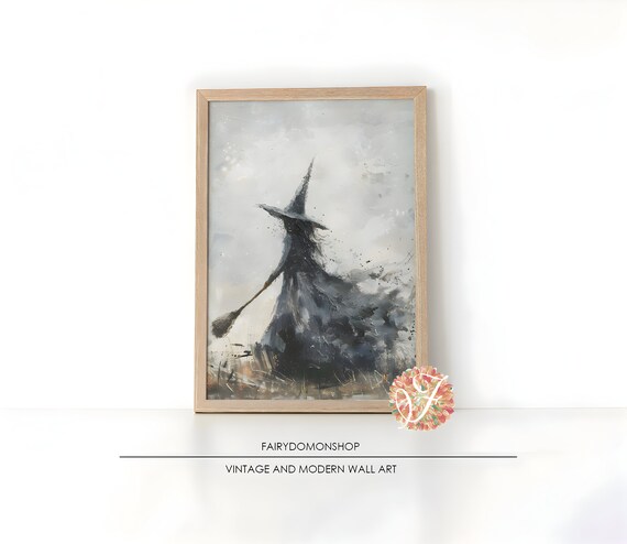 Witch Silhouette Misty Watercolor Poster Moody Halloween Minimal Decor