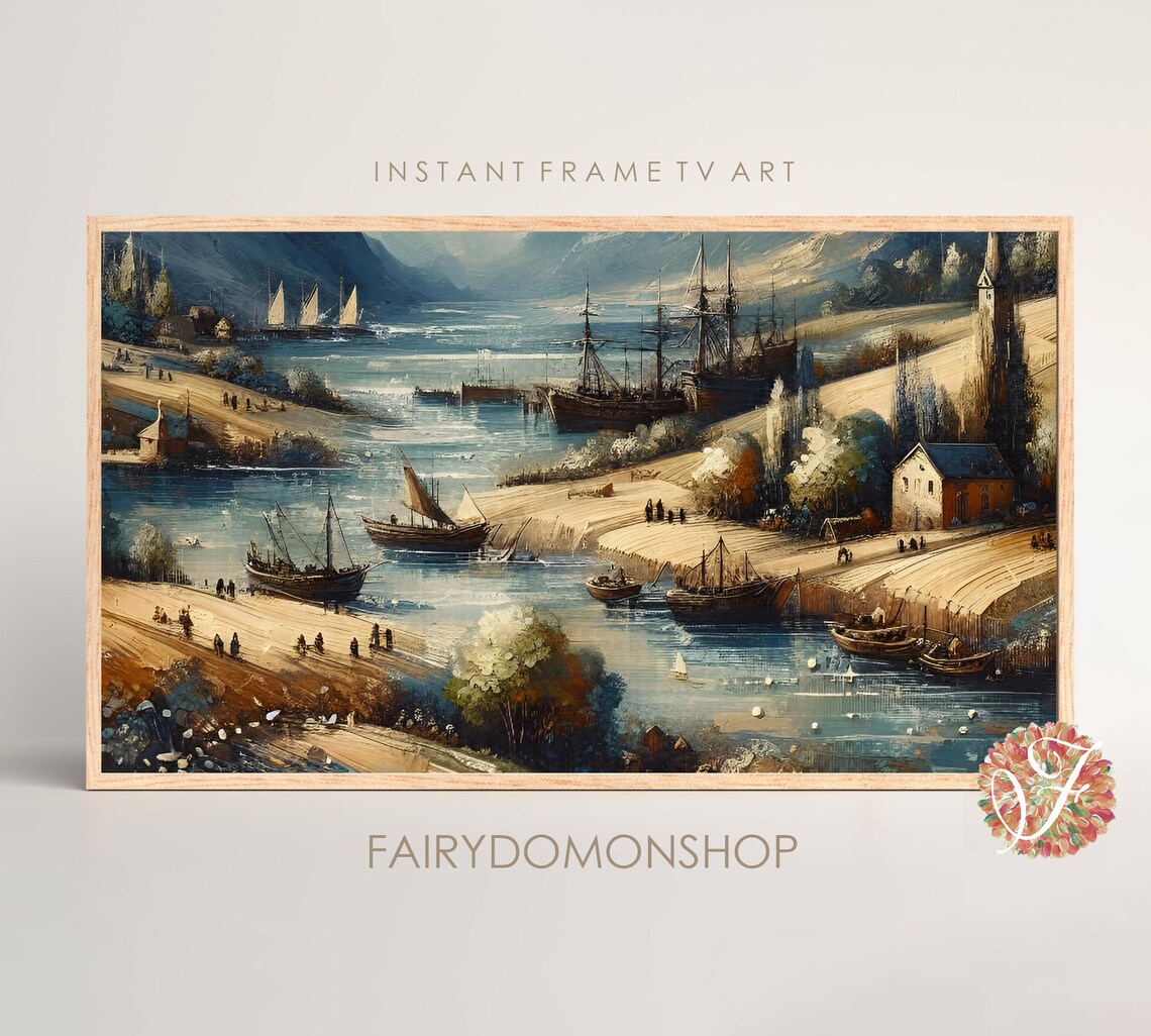 Old Harbor Tall Ships Historic Village Nautical Oil Painting Poster
