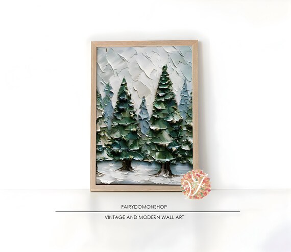Textured Pine Forest Winter Poster Impasto Snowy Evergreen Trees Decor