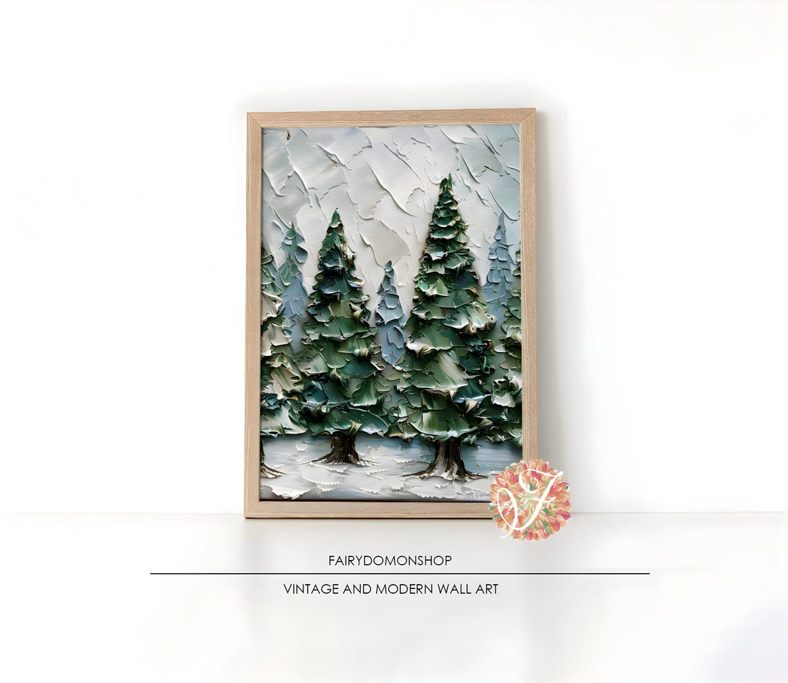 Textured Pine Forest Winter Poster Impasto Snowy Evergreen Trees Decor