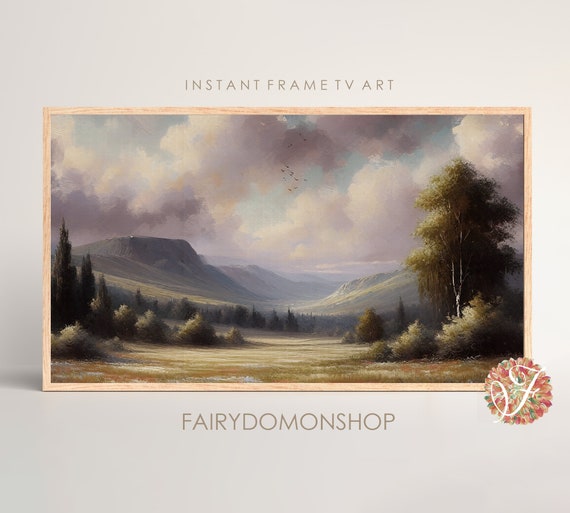 Frame Art Tv Forest Grassland Landscape Tranquil Mountain Vintage Warm Color Painting Art