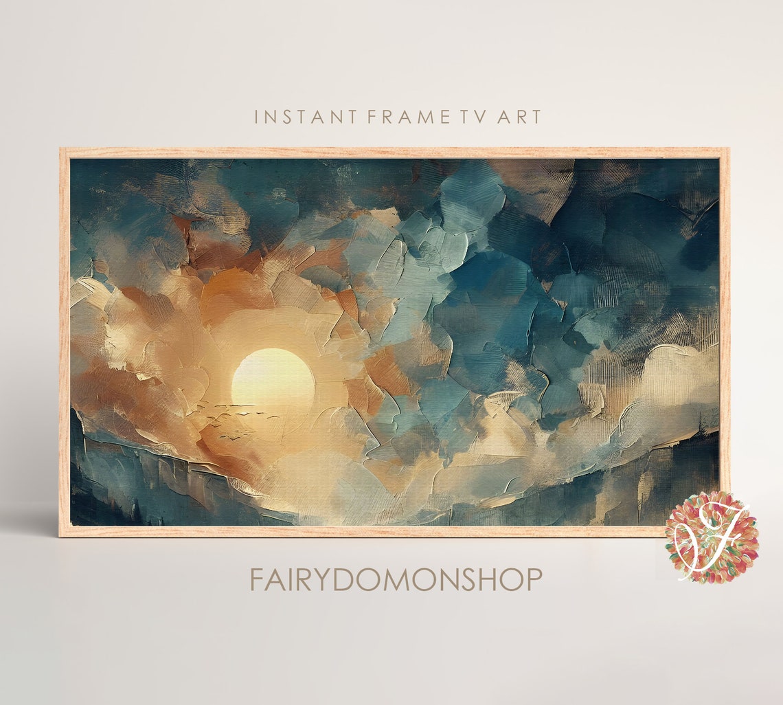 Abstract Dramatic Sunset Sun Through Teal Clouds Oil Painting Poster