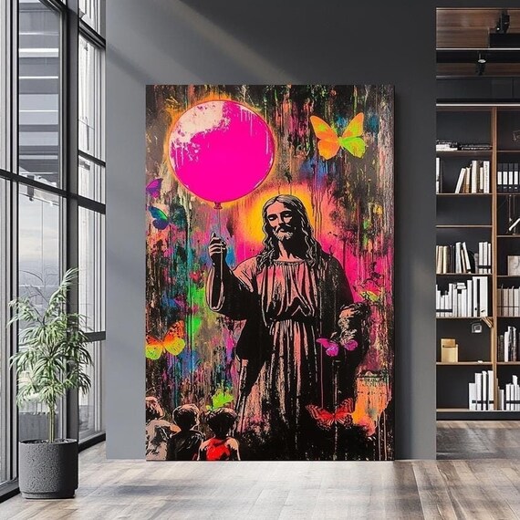 Jesus Holding Pink Balloon Children Graffiti Neon Butterfly Wall Art