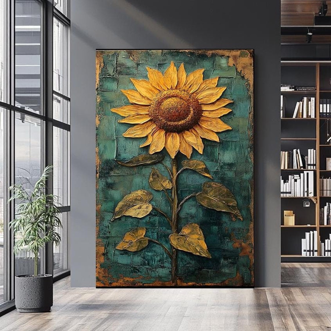 Rustic Sunflower Oil Painting Teal Textured Background Vintage Poster