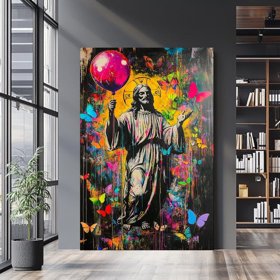 Jesus With Pink Balloon Graffiti Butterflies Neon Street Christian Wall Art