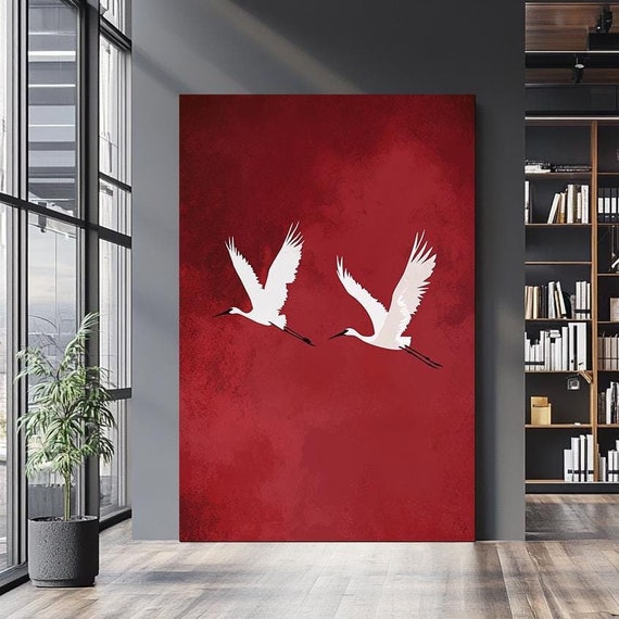 Minimalist Red Painting Elegant Japanese Inspired Wall Decor Modern Nature Wall Decor Bold Red Painting Minimalist Art