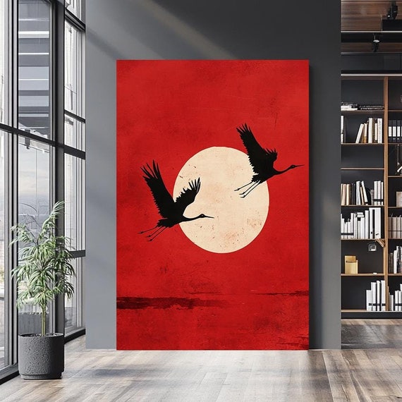 Minimalist Sunset Wall Art Landscape Wall Art Modern Nature Wall Decor Red And White Abstract Nature Print Black Red Painting