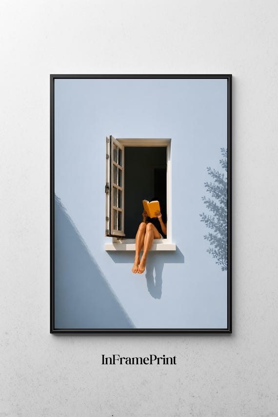 Minimalist Reading Window Print Book Lover Gift Wall Art Blue Dopamine Decor Digital Download