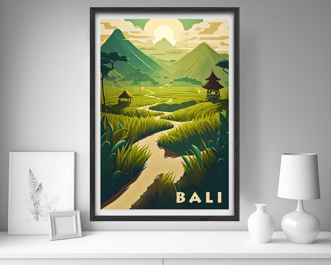 Bali Green Rice Terraces Volcano Sunrise Retro Travel Poster - Image 4