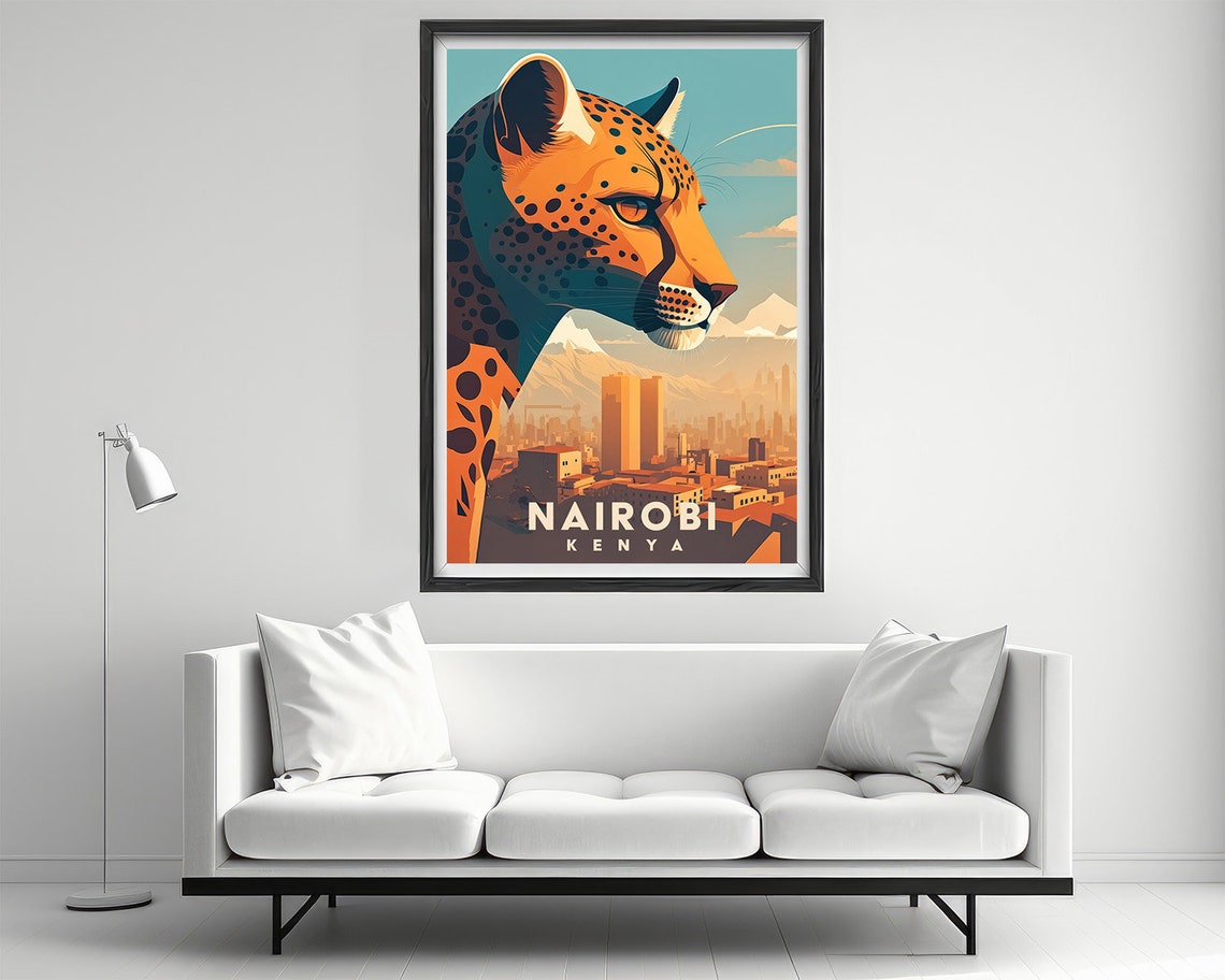 Nairobi Kenya Cheetah Wildlife City Skyline Retro Travel Poster - Image 2