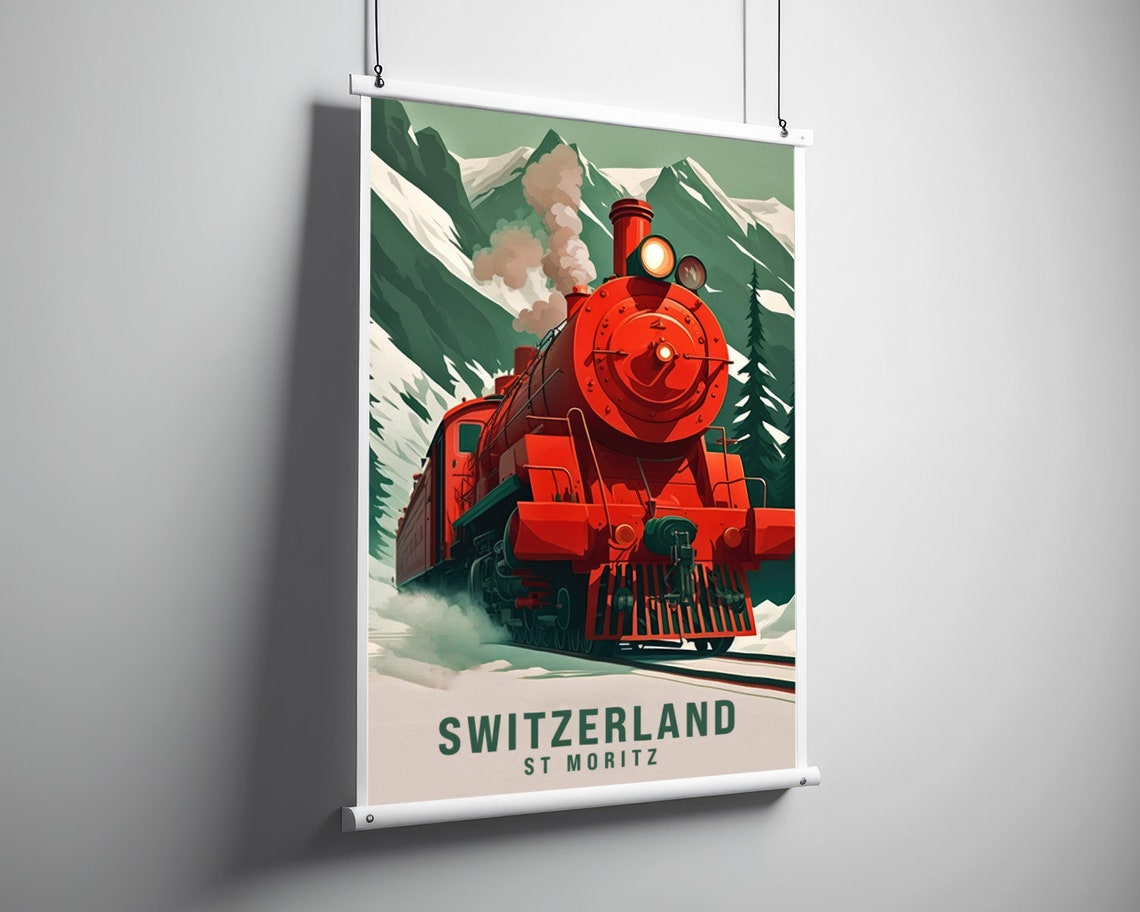 Switzerland St Moritz Red Steam Train Alpine Railway Poster Art - Image 3