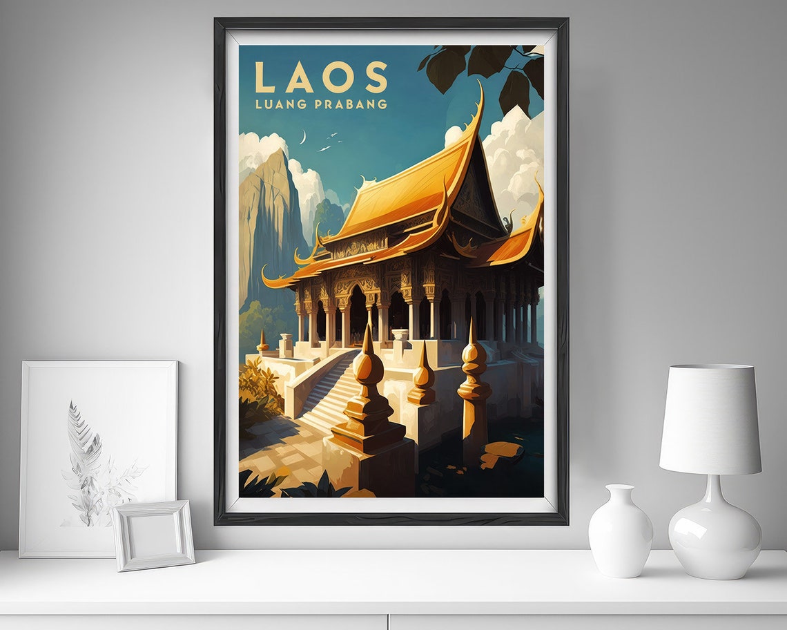 Laos Luang Prabang Golden Temple Buddhist Architecture Travel Poster - Image 4