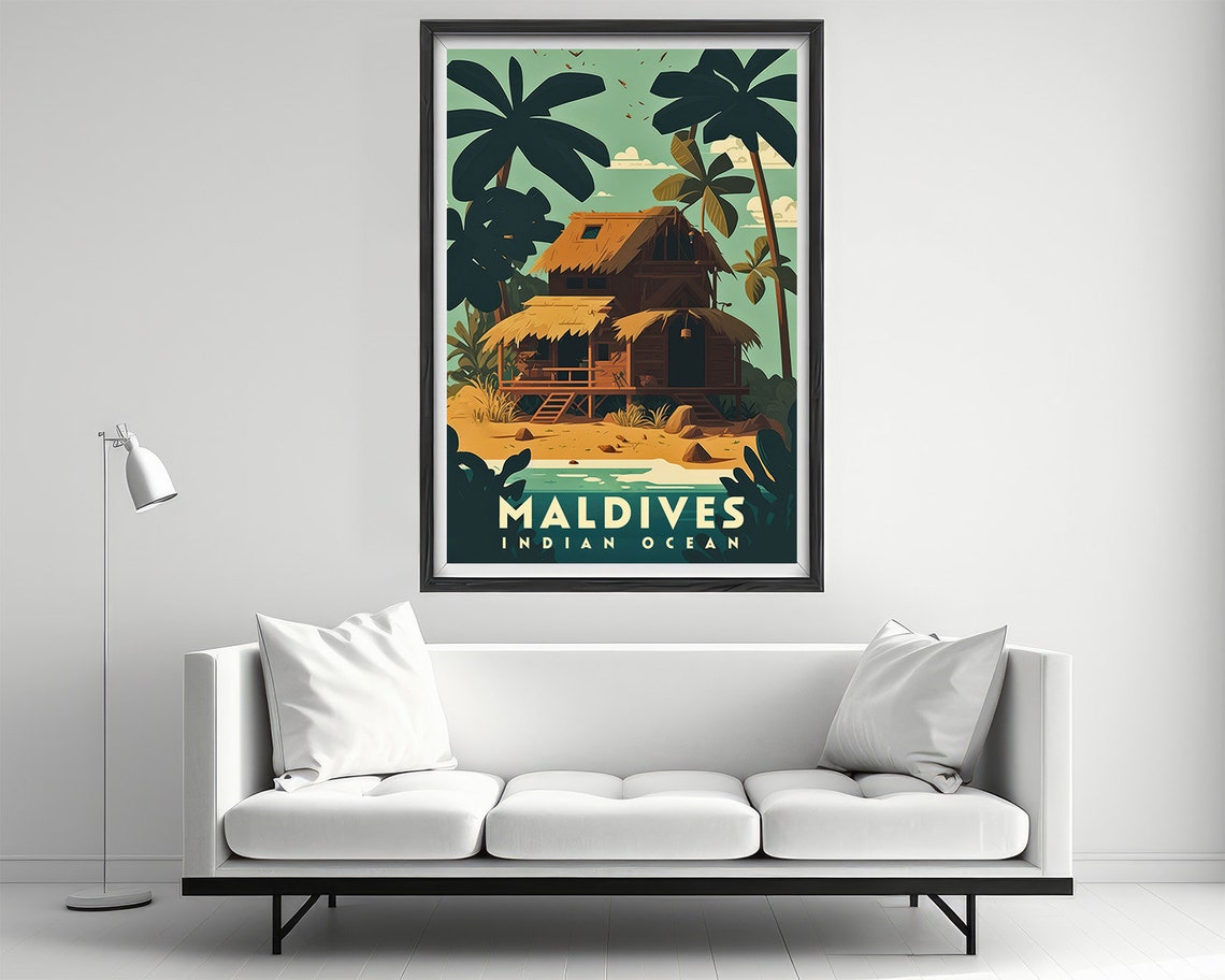 Maldives Indian Ocean Beach Hut Palm Trees Retro Travel Poster - Image 2