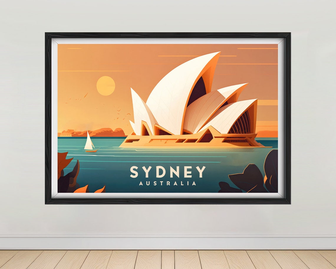 Sydney Australia Opera House Harbor Sunset Vintage Travel Poster
