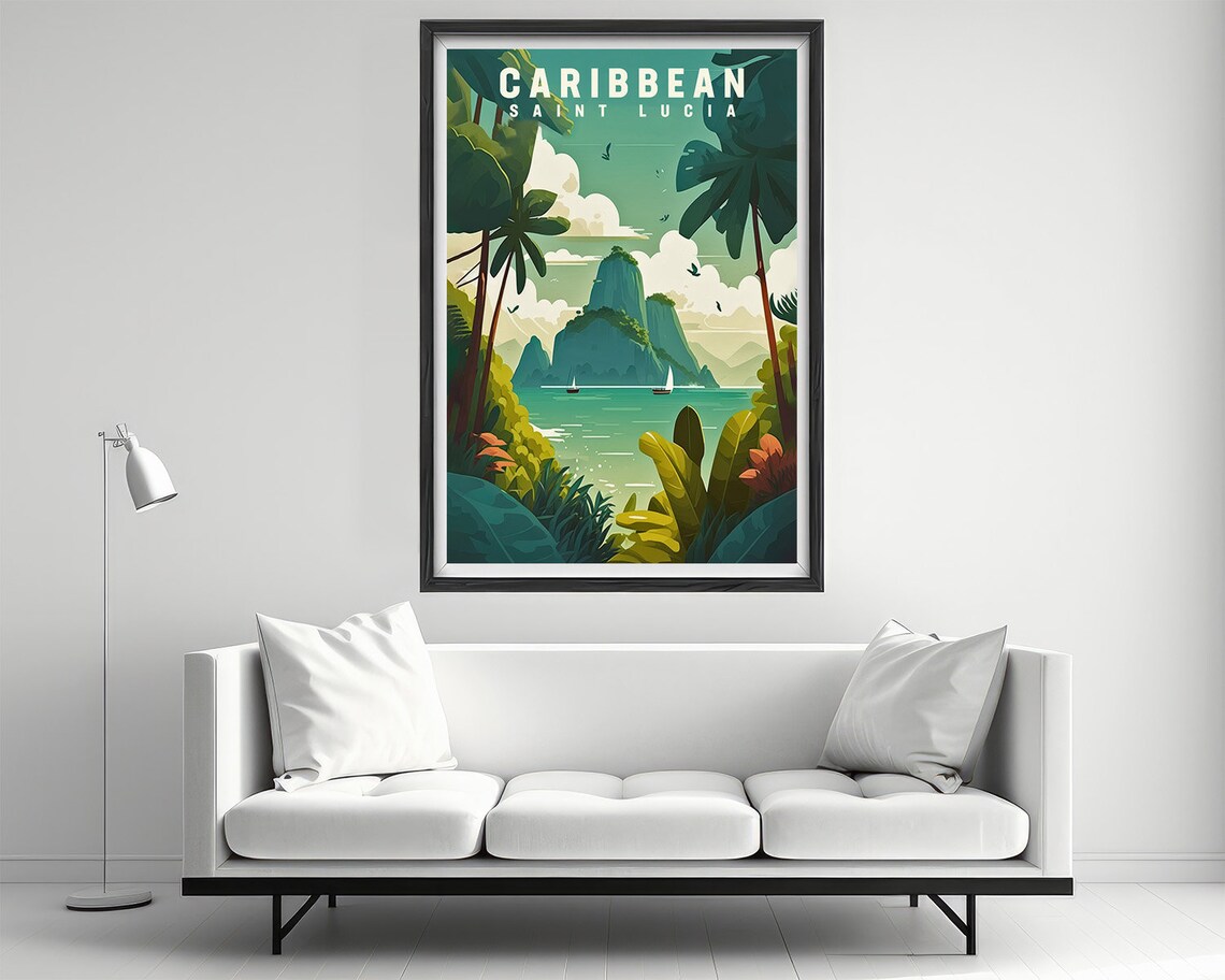 Saint Lucia Caribbean Pitons Sailboats Vintage Travel Poster - Image 2