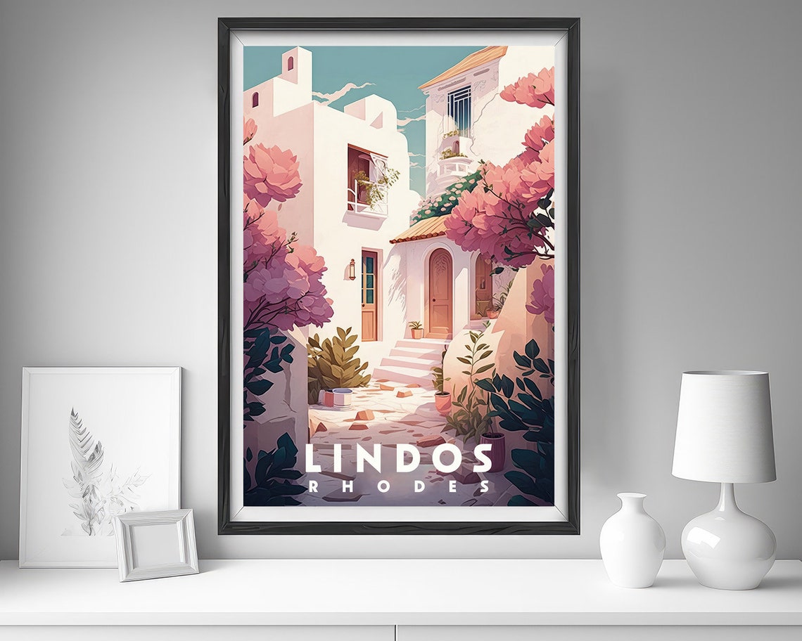 Lindos Rhodes Travel Poster Lindos Rhodes Wall Art Print Lindos Rhodes Painting Greece Illustration Greece Watercolor Home Decor - Image 3