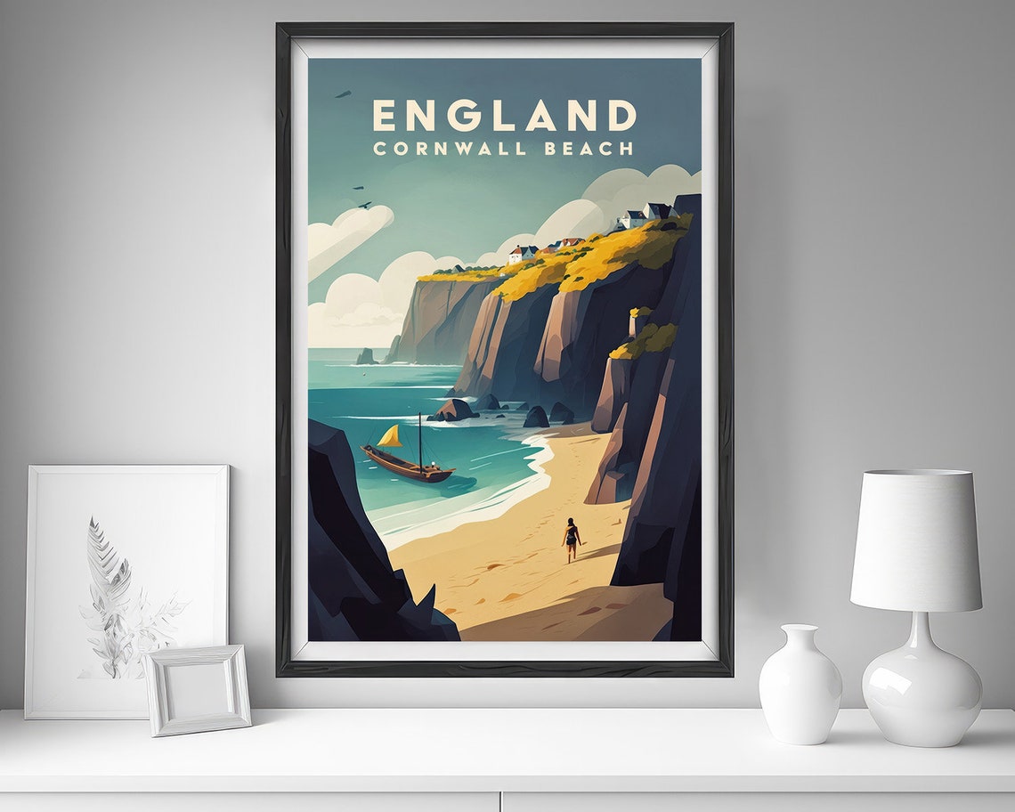 England Cornwall Beach Cliffs Sailboat Retro Travel Art Poster - Image 4