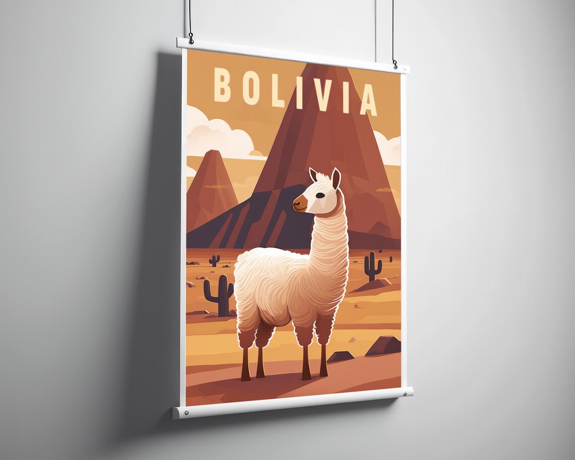 Bolivia Llama Desert Andes Volcano Cactus Vintage Travel Poster - Image 3