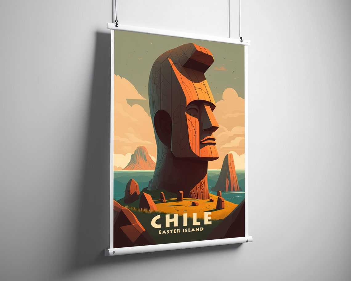 Chile Easter Island Moai Statue Sunset Ancient Retro Travel Poster - Image 3