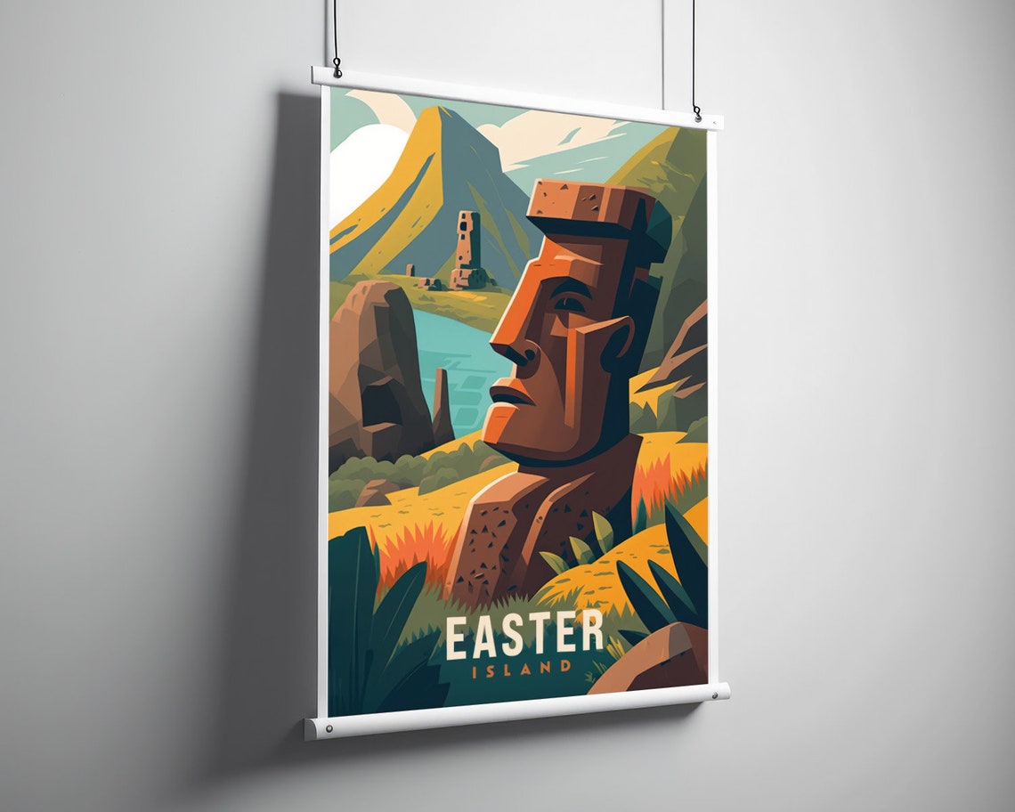 Easter Island Moai Statue Vintage Travel Poster Volcano Hills - Image 3