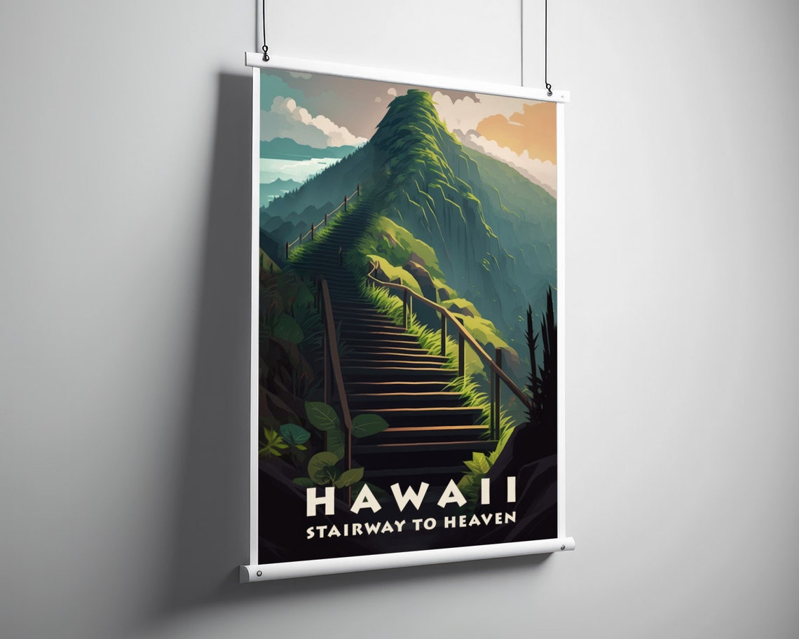 Hawaii Stairway To Heaven Travel Poster Hawaii Stairway To Heaven Wall Art Print Hawaii Painting Illustration Hawaii Watercolor - Image 3