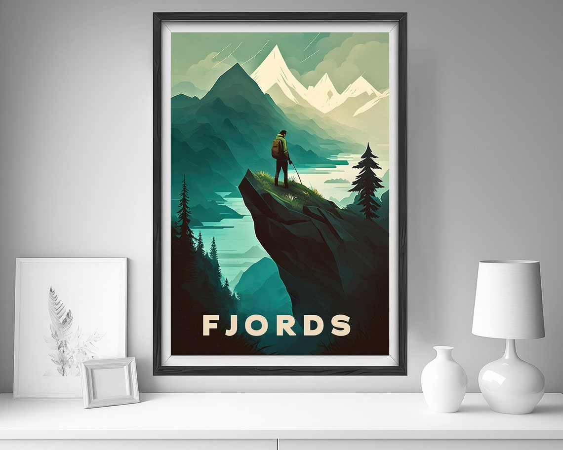 Fjords Hiker Cliff View Snowy Mountain Landscape Vintage Travel Poster - Image 4