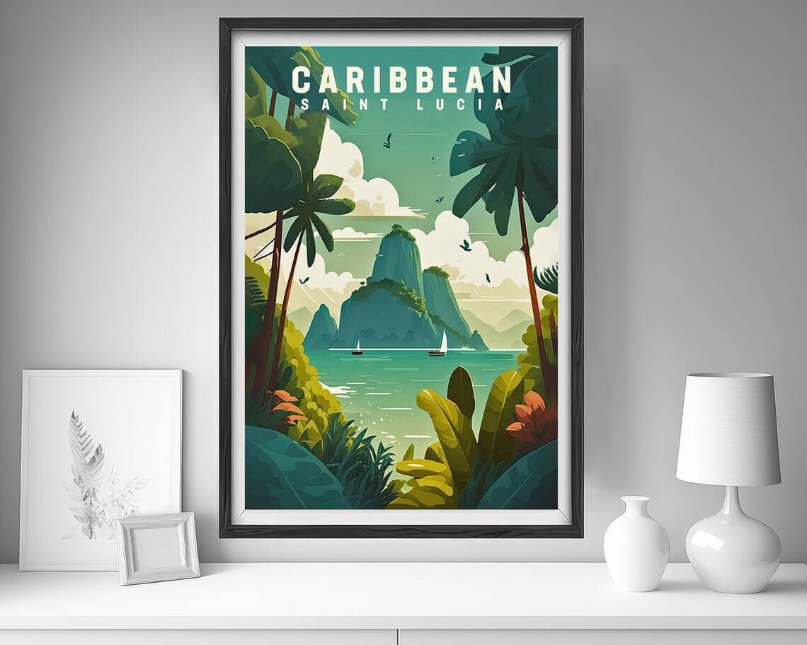 Saint Lucia Caribbean Pitons Sailboats Vintage Travel Poster - Image 4