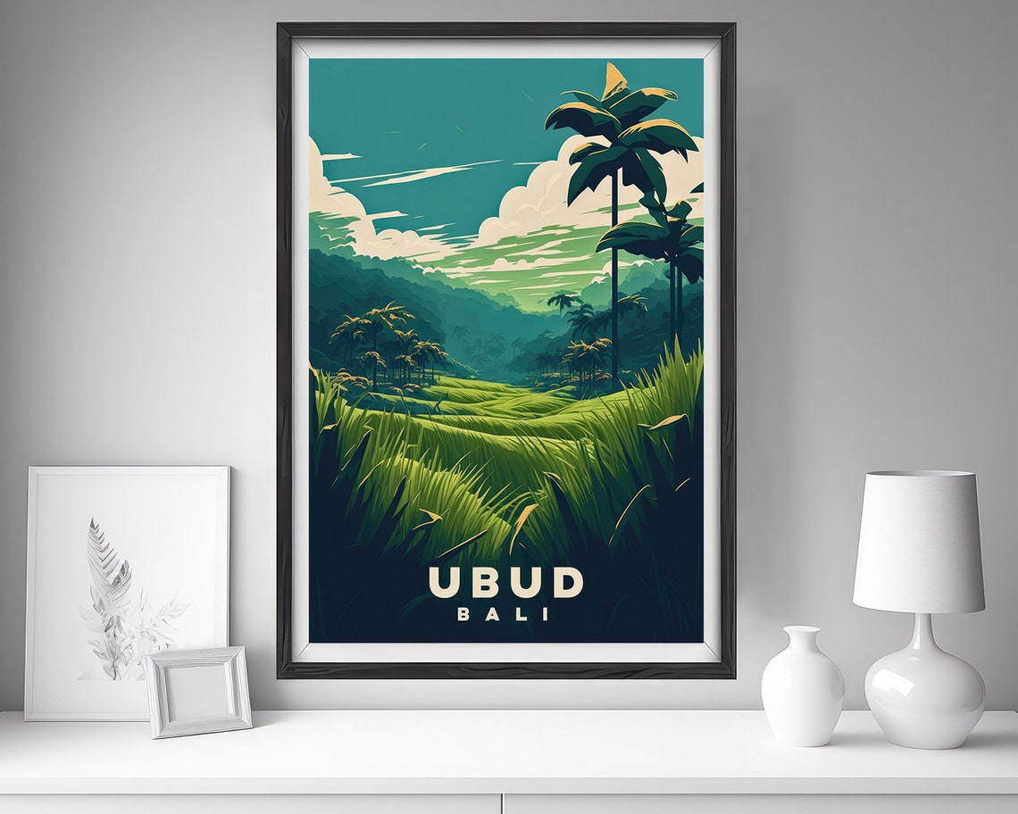 Ubud Bali Emerald Rice Terraces Palm Grove Vintage Travel Poster - Image 4
