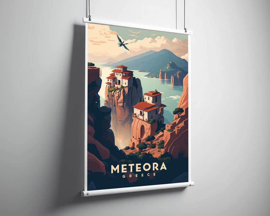 Meteora Greece Cliff Monasteries Vintage Travel Style Poster - Image 3