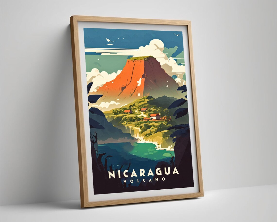 Nicaragua Volcano Red Peak Lakeside Village Retro Travel Poster - Image 4
