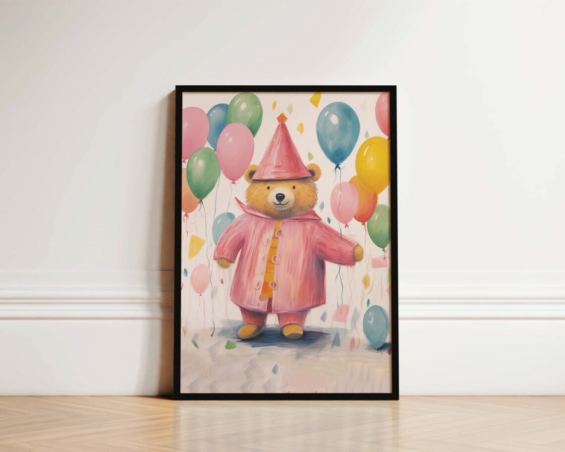Colourful Bear with Balloons Party Poster for a Kids Bedroom Wall