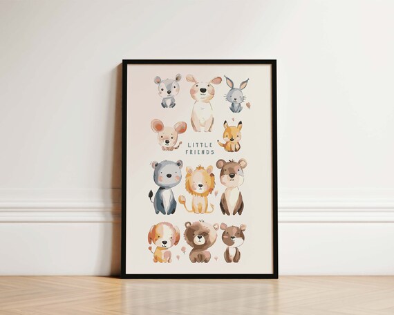 Little Friends Cute Baby Animals Watercolour Poster for Nursery